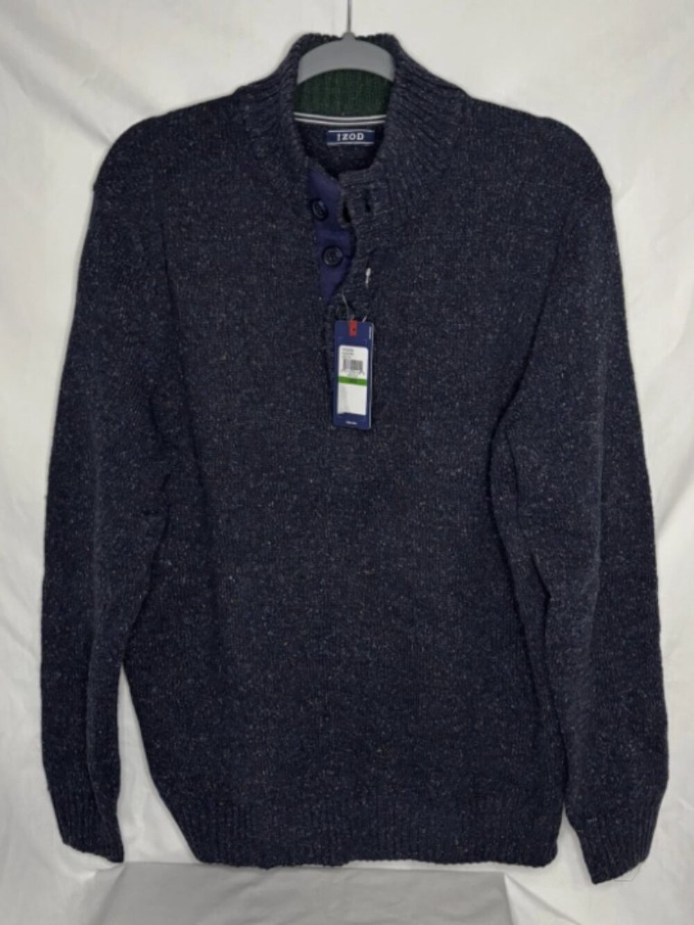 Izod Sweater Men's L Blue Buttoned Mock Neck Classic Holiday Cotton Acrylic
